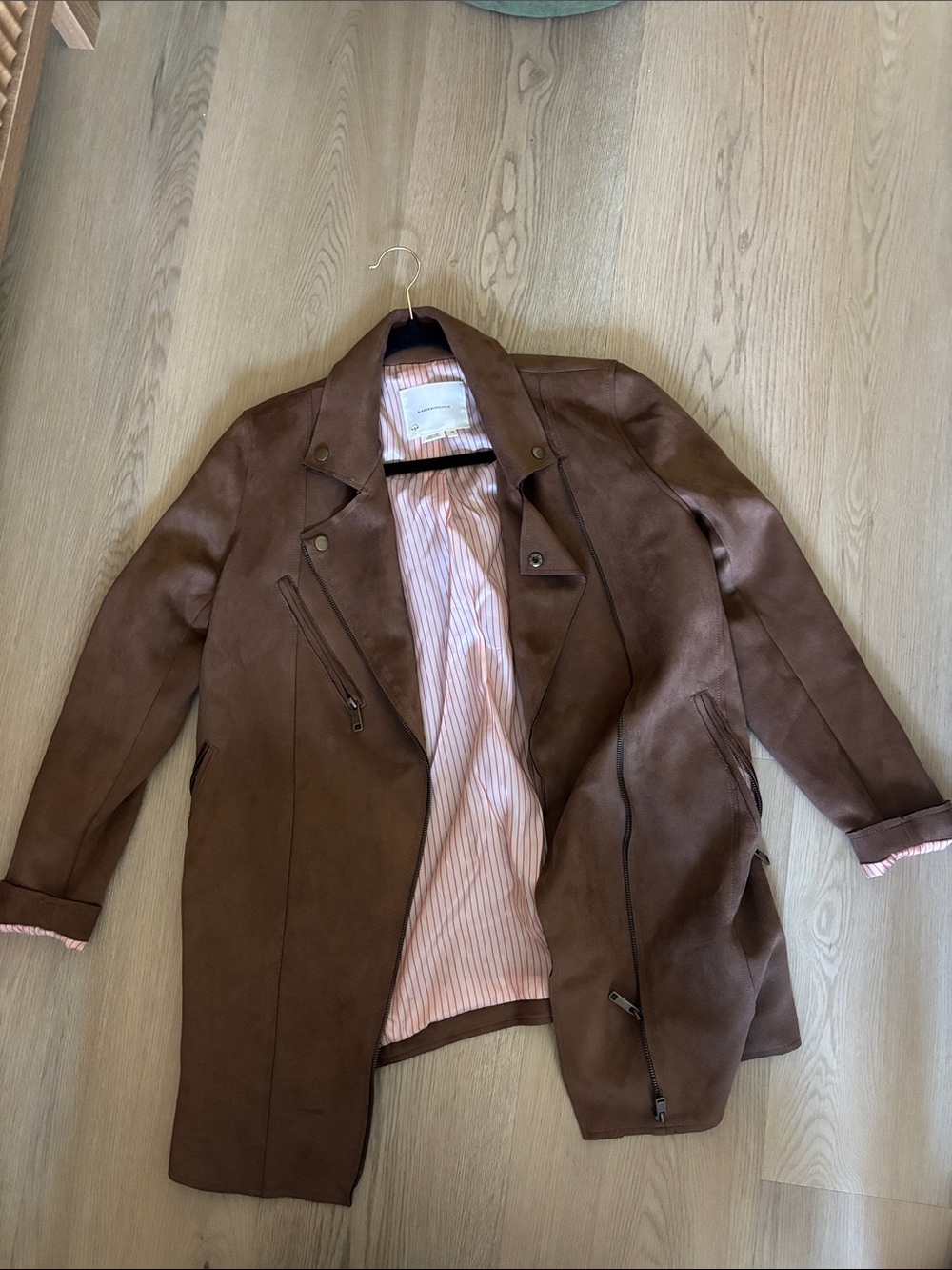 Anthropologie Brown Faux Leather Moto Jacket with Pink Lining